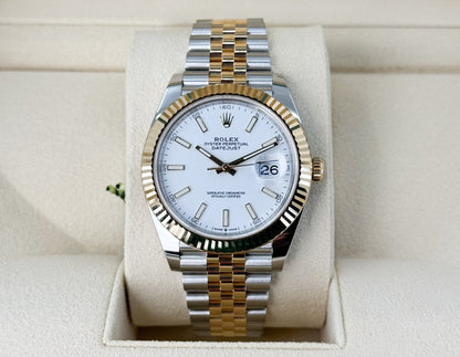 Rolex Datejust 41 Yellow Gold/Steel White Index Dial Fluted Bezel Jubilee Bracelet 126333 - Luxury Time NYC