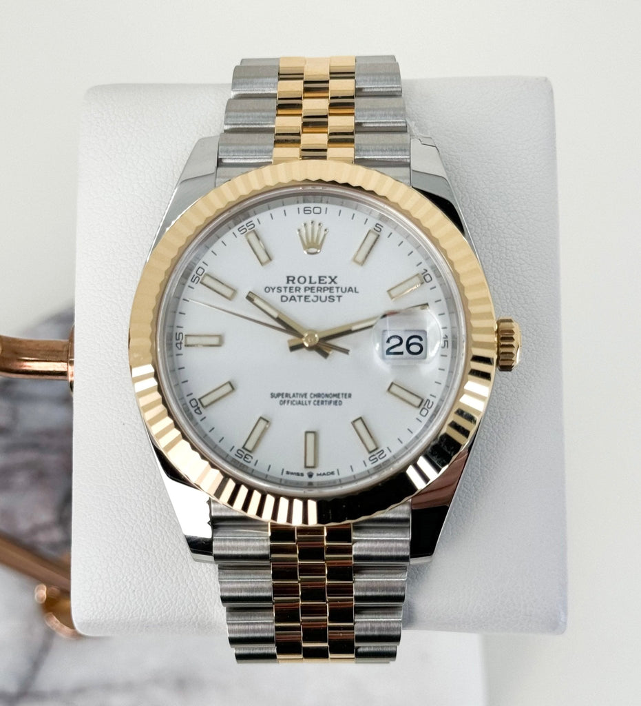 Rolex Datejust 41 Yellow Gold/Steel White Index Dial Fluted Bezel Jubilee Bracelet 126333 - Luxury Time NYC