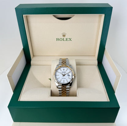 Rolex Datejust 41 Yellow Gold/Steel White Index Dial Fluted Bezel Jubilee Bracelet 126333 - Luxury Time NYC