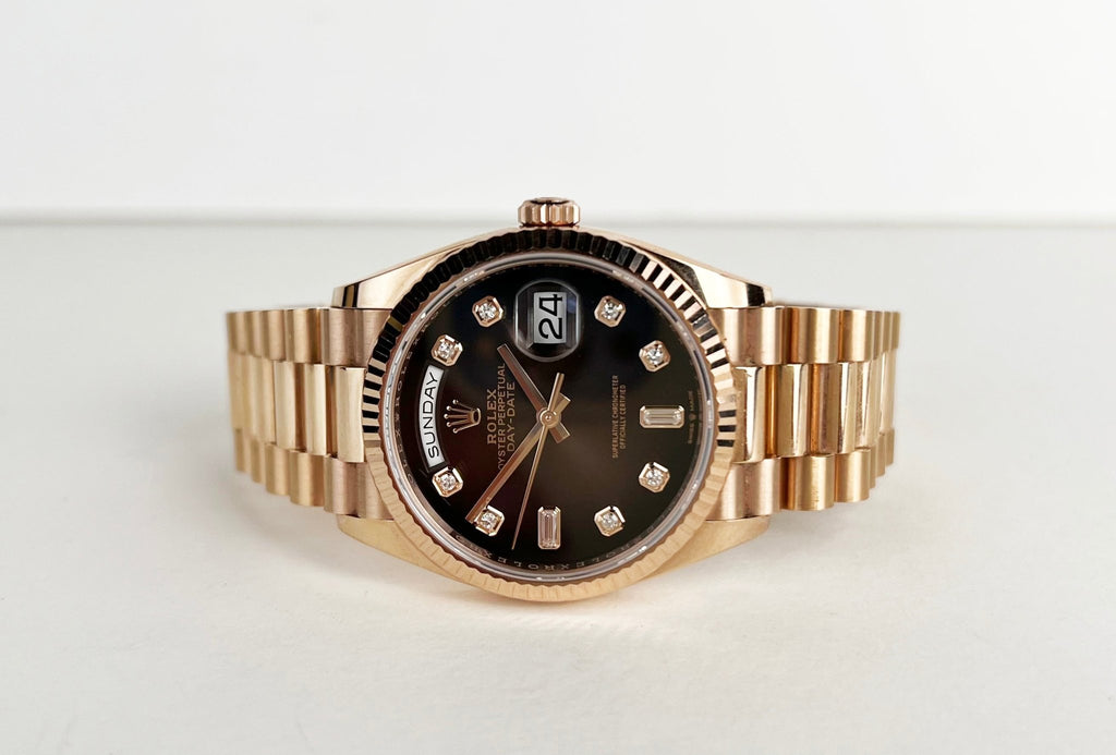 Rolex Day-Date 36 Rose Gold Brown Ombre Diamond Dial & Fluted Bezel President Bracelet 128235 - Luxury Time NYC