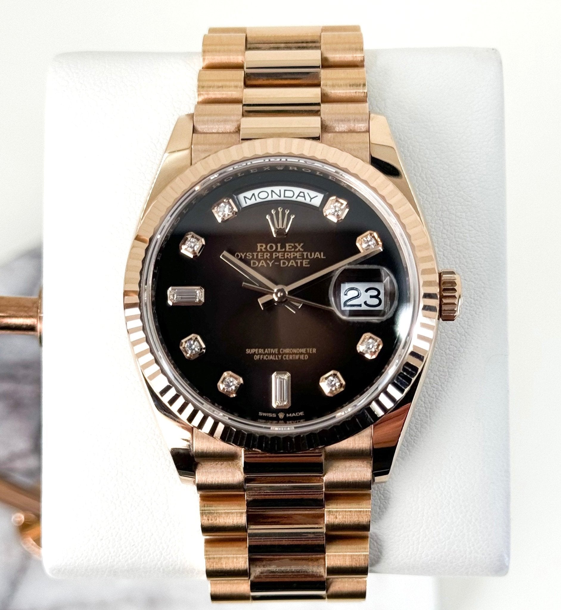 Rolex Day-Date 36 Rose Gold Brown Ombre Diamond Dial & Fluted Bezel President Bracelet 128235 - Luxury Time NYC