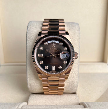 Rolex Day-Date 36 Rose Gold Brown Ombre Diamond Dial & Fluted Bezel President Bracelet 128235 - Luxury Time NYC