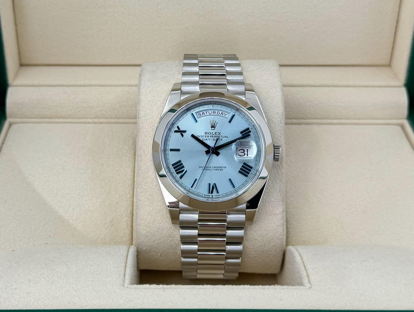 Rolex Day-Date 40 Platinum Ice Blue Quadrant Roman Dial Roman Dial & Smooth Bezel President Bracelet 228206 - Luxury Time NYC