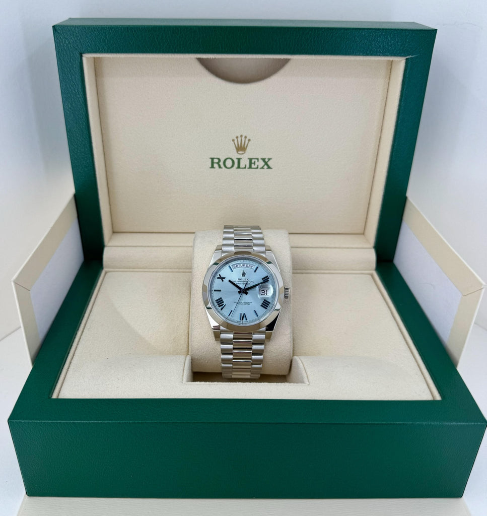 Rolex Day-Date 40 Platinum Ice Blue Quadrant Roman Dial Roman Dial & Smooth Bezel President Bracelet 228206 - Luxury Time NYC