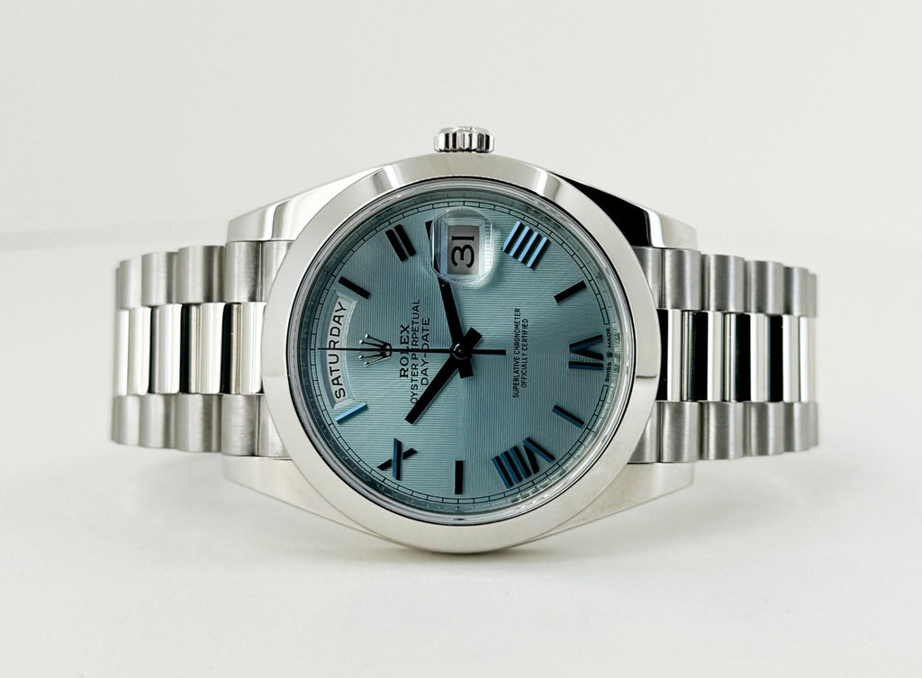 Rolex Day-Date 40 Platinum Ice Blue Quadrant Roman Dial Roman Dial & Smooth Bezel President Bracelet 228206 - Luxury Time NYC