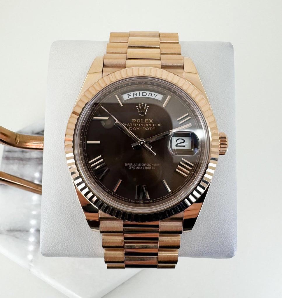 Rolex Day-Date 40 Rose Gold Chocolate Roman Dial & Fluted Bezel President Bracelet 228235 - Luxury Time NYC