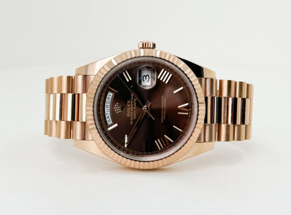 Rolex Day-Date 40 Rose Gold Chocolate Roman Dial & Fluted Bezel President Bracelet 228235 - Luxury Time NYC