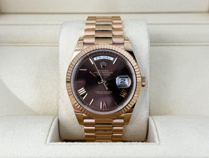 Rolex Day-Date 40 Rose Gold Chocolate Roman Dial & Fluted Bezel President Bracelet 228235 - Luxury Time NYC