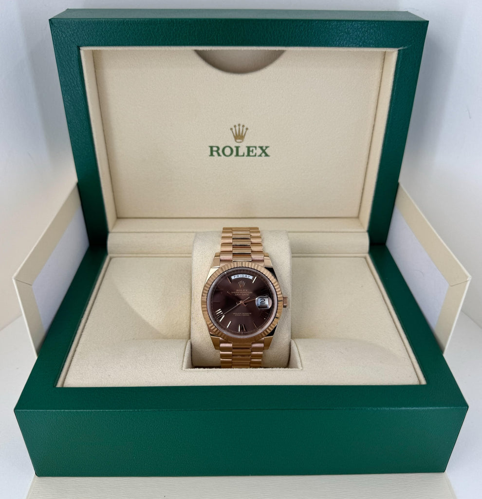 Rolex Day-Date 40 Rose Gold Chocolate Roman Dial & Fluted Bezel President Bracelet 228235 - Luxury Time NYC