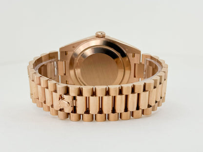 Rolex Day-Date 40 Rose Gold Chocolate Roman Dial & Fluted Bezel President Bracelet 228235 - Luxury Time NYC