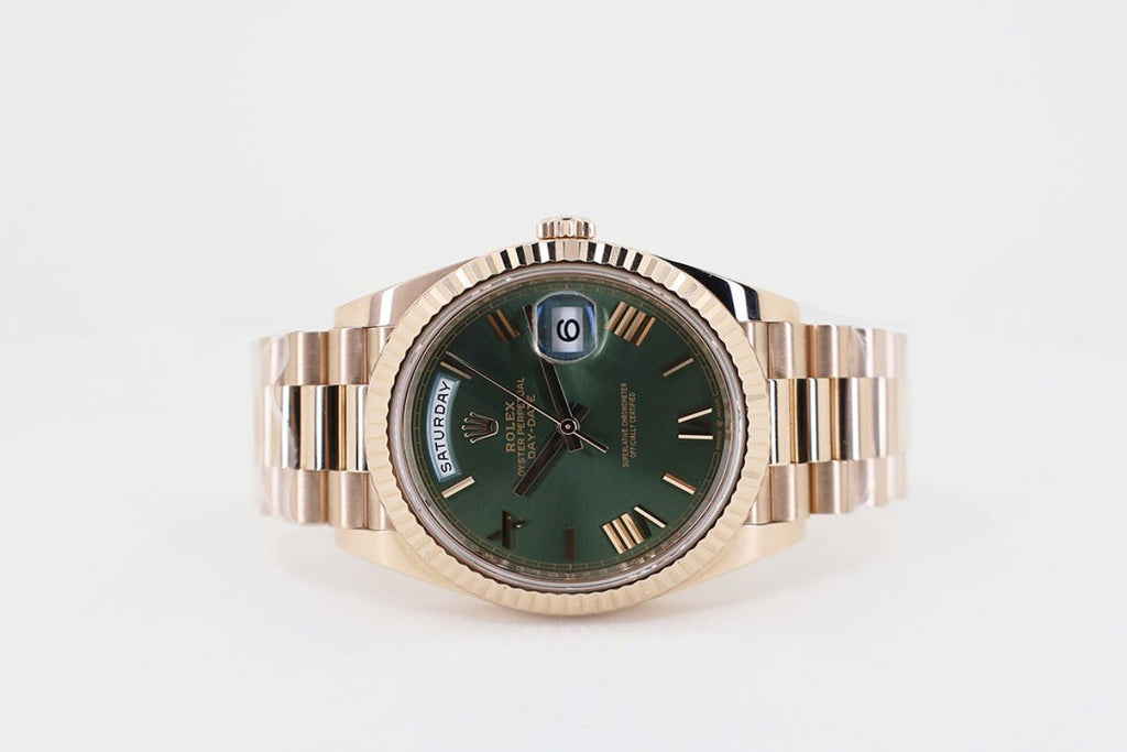 Rolex Day-Date 40 Rose Gold Olive Green Roman Dial & Fluted Bezel President Bracelet 228235 - Luxury Time NYC