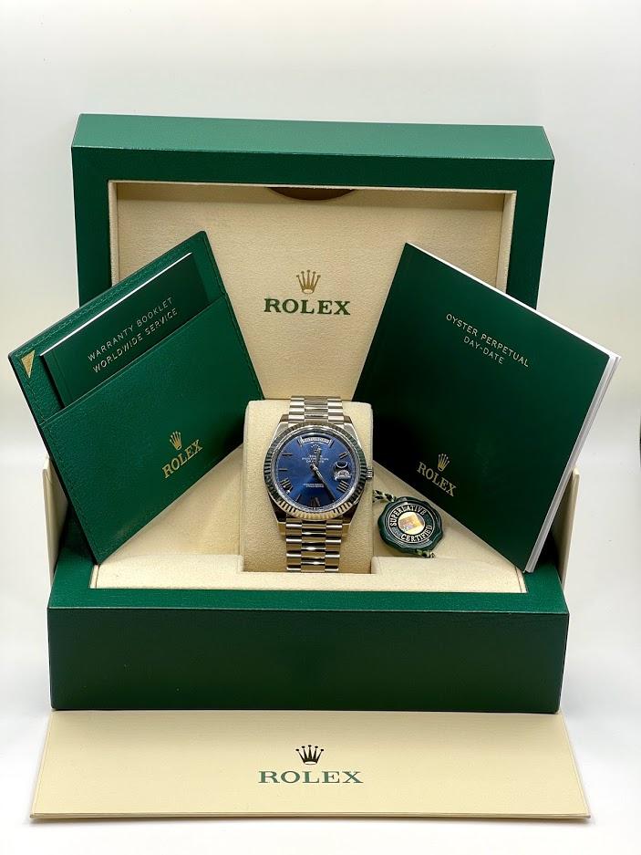 Rolex Day-Date 40 White Gold Blue Roman Dial & Fluted Bezel President Bracelet 228239 - Luxury Time NYC INC