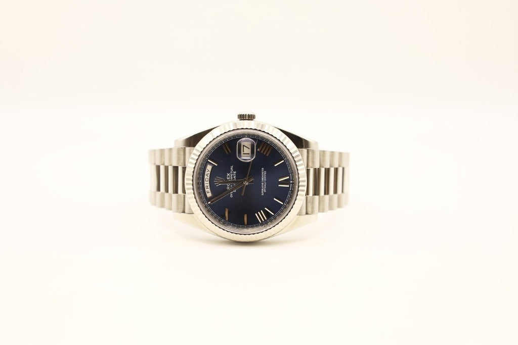 Rolex Day-Date 40 White Gold Blue Roman Dial & Fluted Bezel President Bracelet 228239 - Luxury Time NYC INC