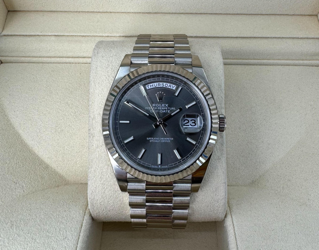 Rolex Day-Date 40 White Gold Slate Dial Index Dial & Fluted Bezel President Bracelet 228239 - Luxury Time NYC