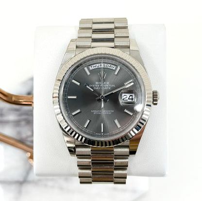 Rolex Day-Date 40 White Gold Slate Dial Index Dial & Fluted Bezel President Bracelet 228239 - Luxury Time NYC