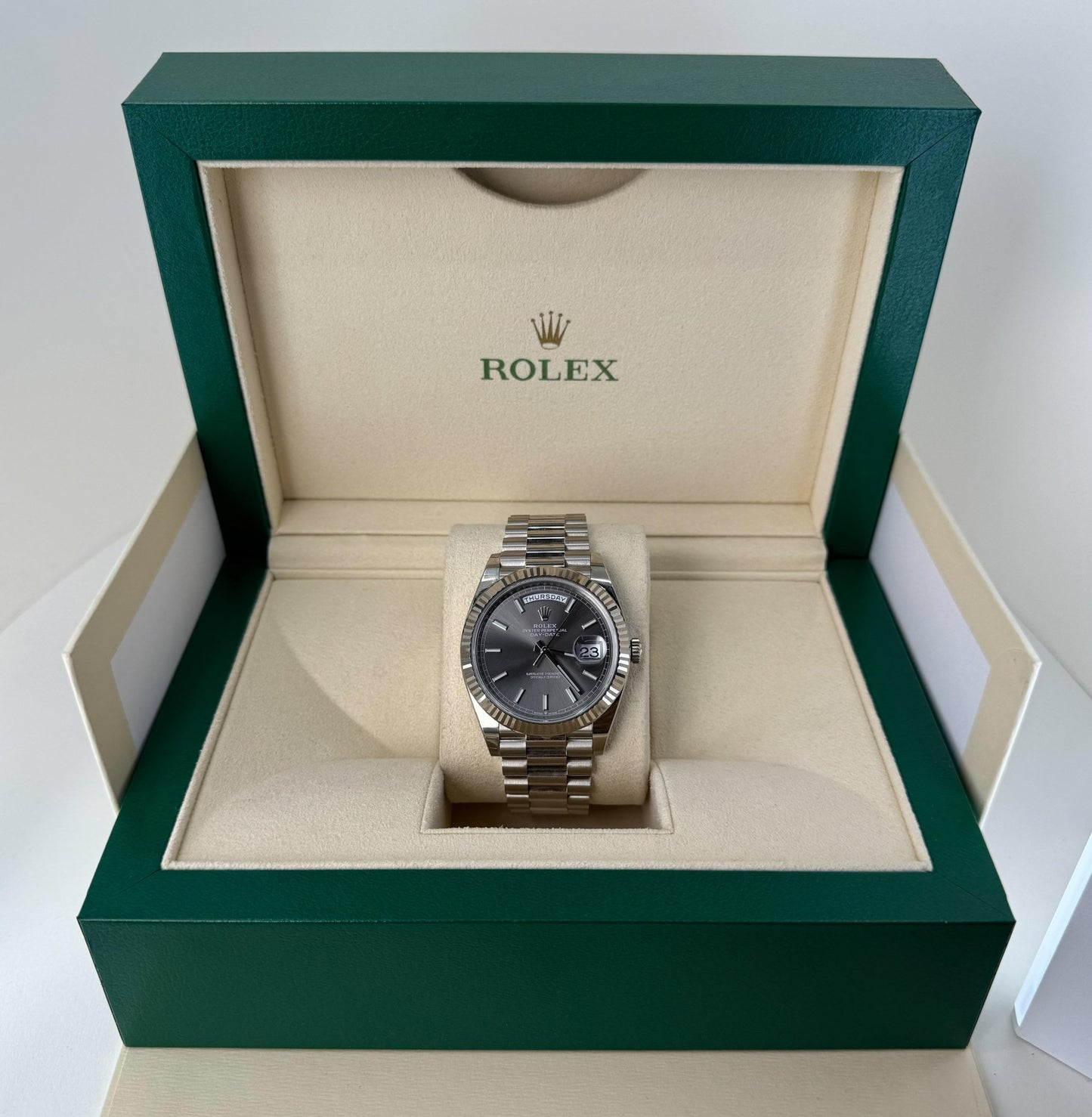 Rolex Day-Date 40 White Gold Slate Dial Index Dial & Fluted Bezel President Bracelet 228239 - Luxury Time NYC