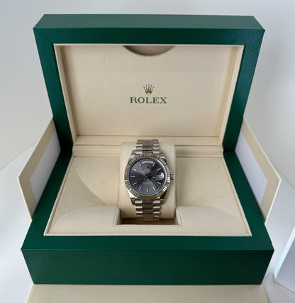 Rolex Day-Date 40 White Gold Slate Dial Index Dial & Fluted Bezel President Bracelet 228239 - Luxury Time NYC