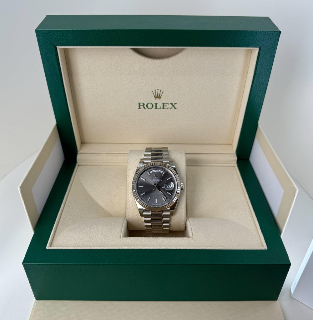Rolex Day-Date 40 White Gold Slate Dial Index Dial & Fluted Bezel President Bracelet 228239 - Luxury Time NYC