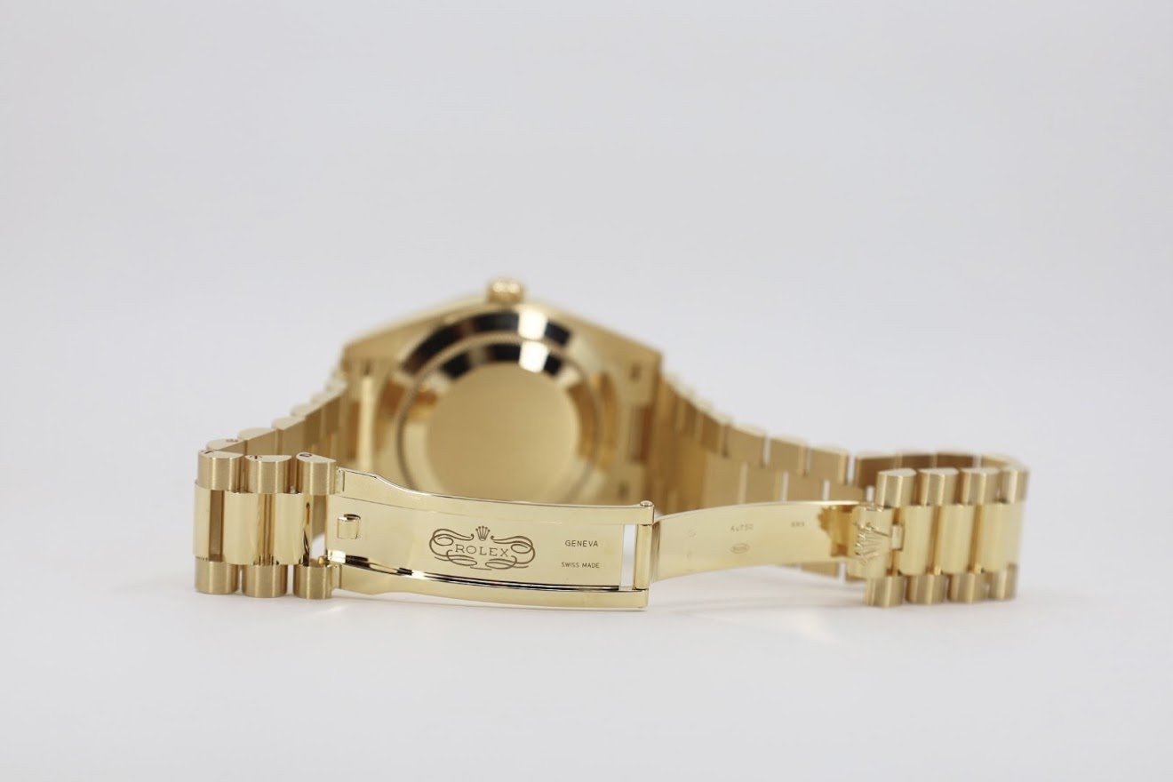 Rolex Day-Date 40 Yellow Gold Black Diagonal Motif Index Dial & Fluted Bezel President Bracelet 228238 - Luxury Time NYC INC