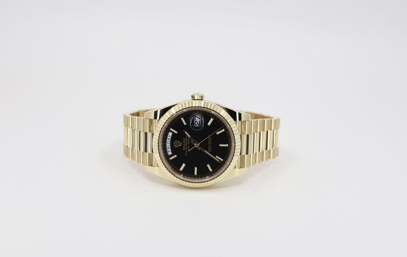 Rolex Day-Date 40 Yellow Gold Black Diagonal Motif Index Dial & Fluted Bezel President Bracelet 228238 - Luxury Time NYC INC