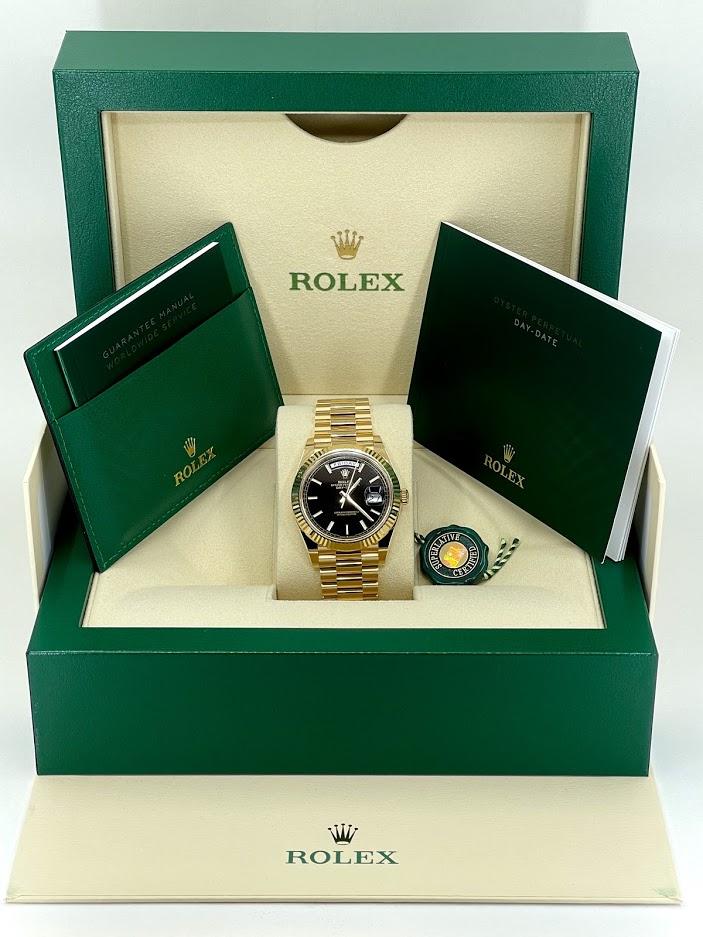 Rolex Day-Date 40 Yellow Gold Black Diagonal Motif Index Dial & Fluted Bezel President Bracelet 228238 - Luxury Time NYC INC