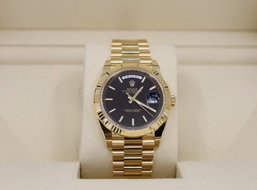 Rolex Day-Date 40 Yellow Gold Black Diagonal Motif Index Dial & Fluted Bezel President Bracelet 228238 - Luxury Time NYC INC