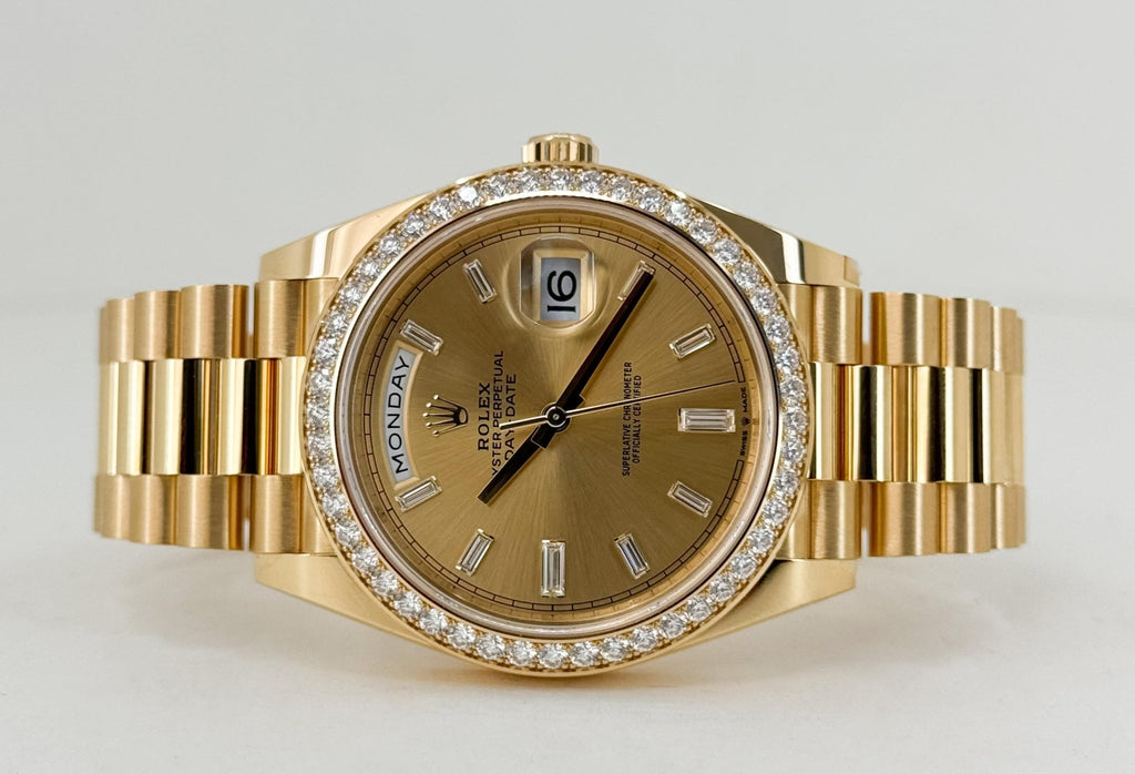 Rolex Day-Date 40 Yellow Gold Champagne Diamond Dial & Diamond Bezel President Bracelet 228348RBR - Luxury Time NYC