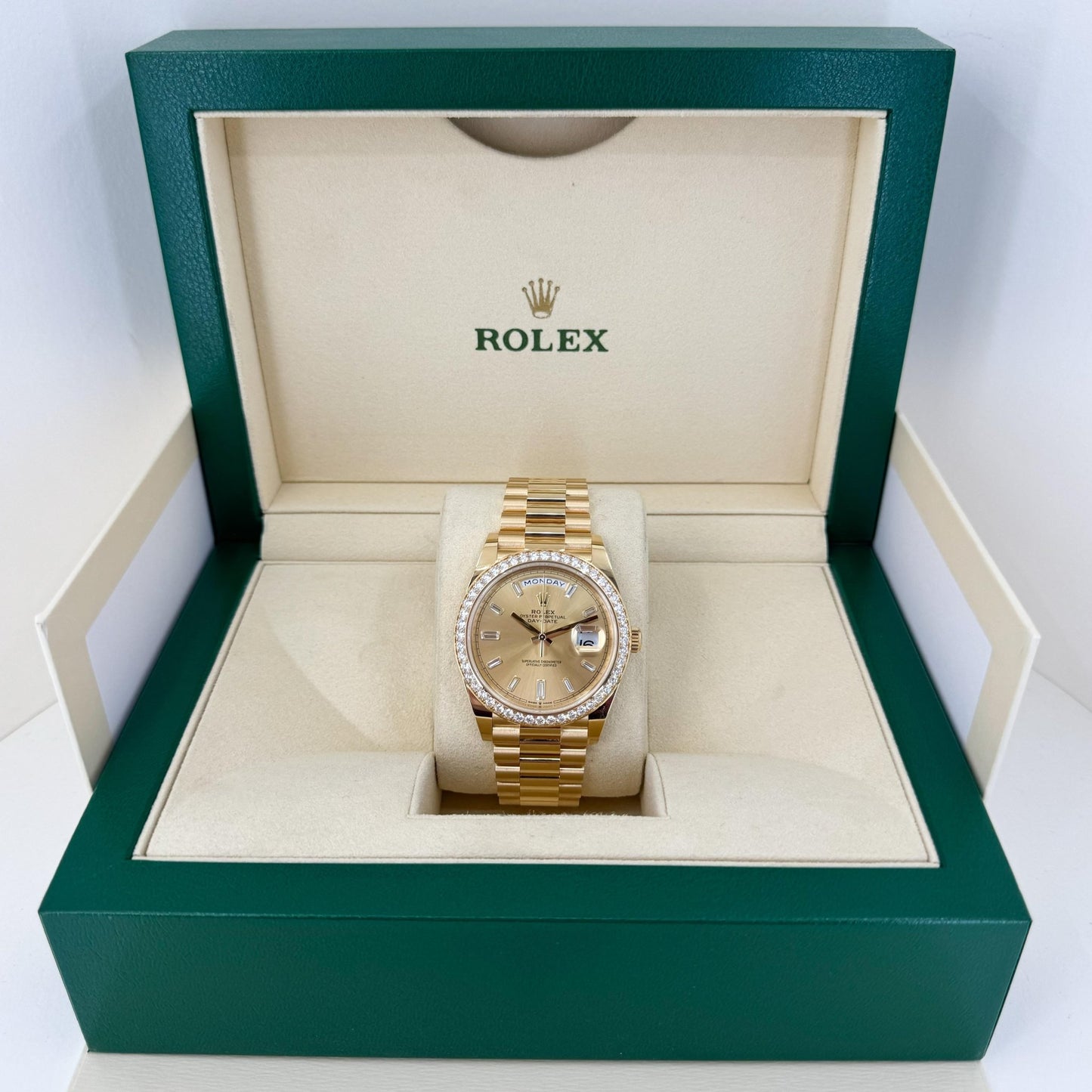 Rolex Day-Date 40 Yellow Gold Champagne Diamond Dial & Diamond Bezel President Bracelet 228348RBR - Luxury Time NYC