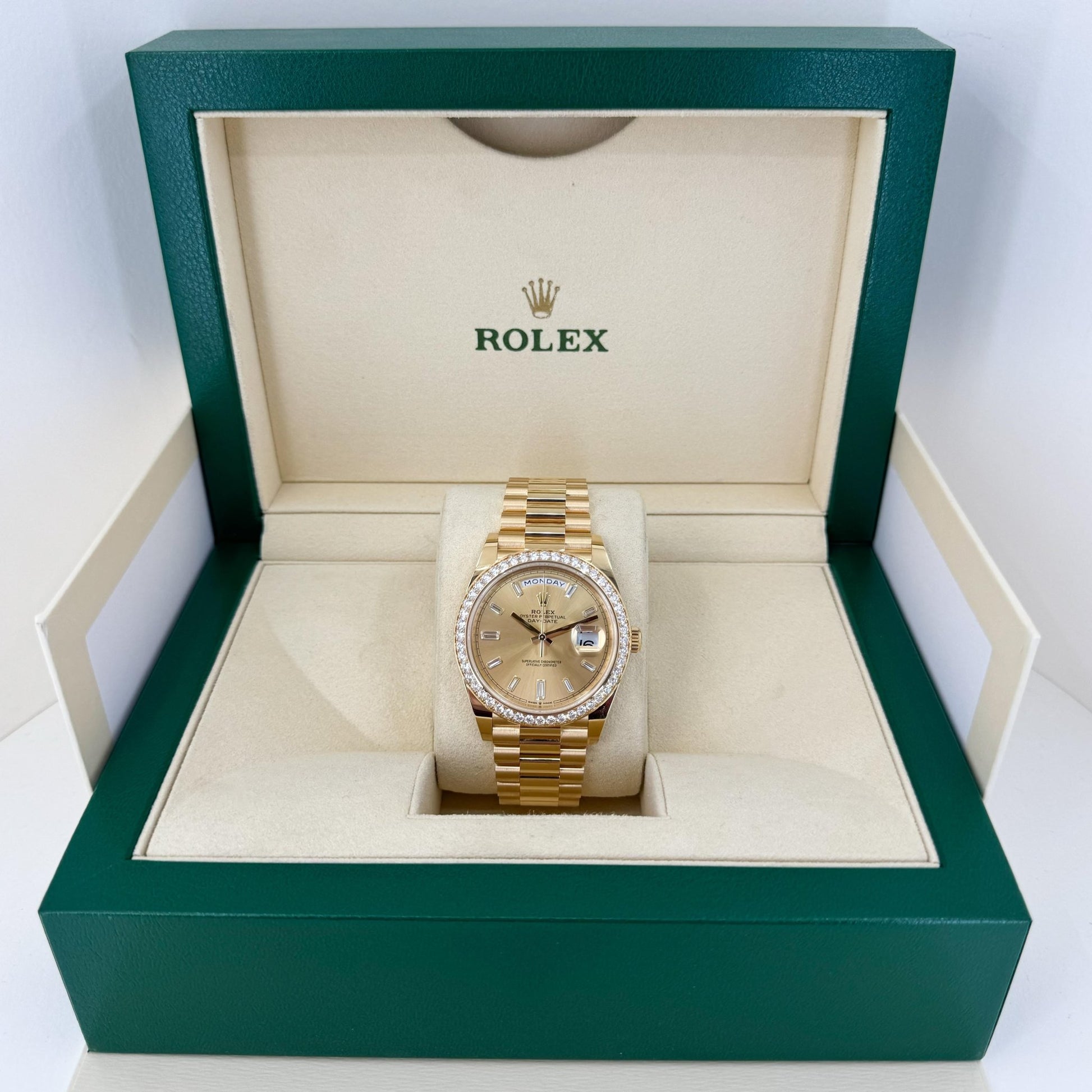 Rolex Day-Date 40 Yellow Gold Champagne Diamond Dial & Diamond Bezel President Bracelet 228348RBR - Luxury Time NYC