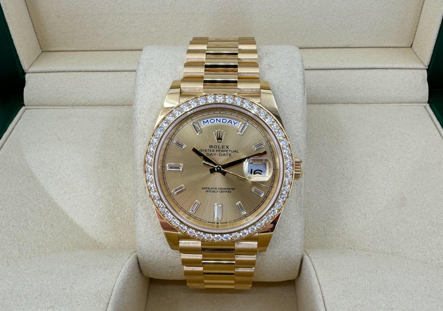 Rolex Day-Date 40 Yellow Gold Champagne Diamond Dial & Diamond Bezel President Bracelet 228348RBR - Luxury Time NYC