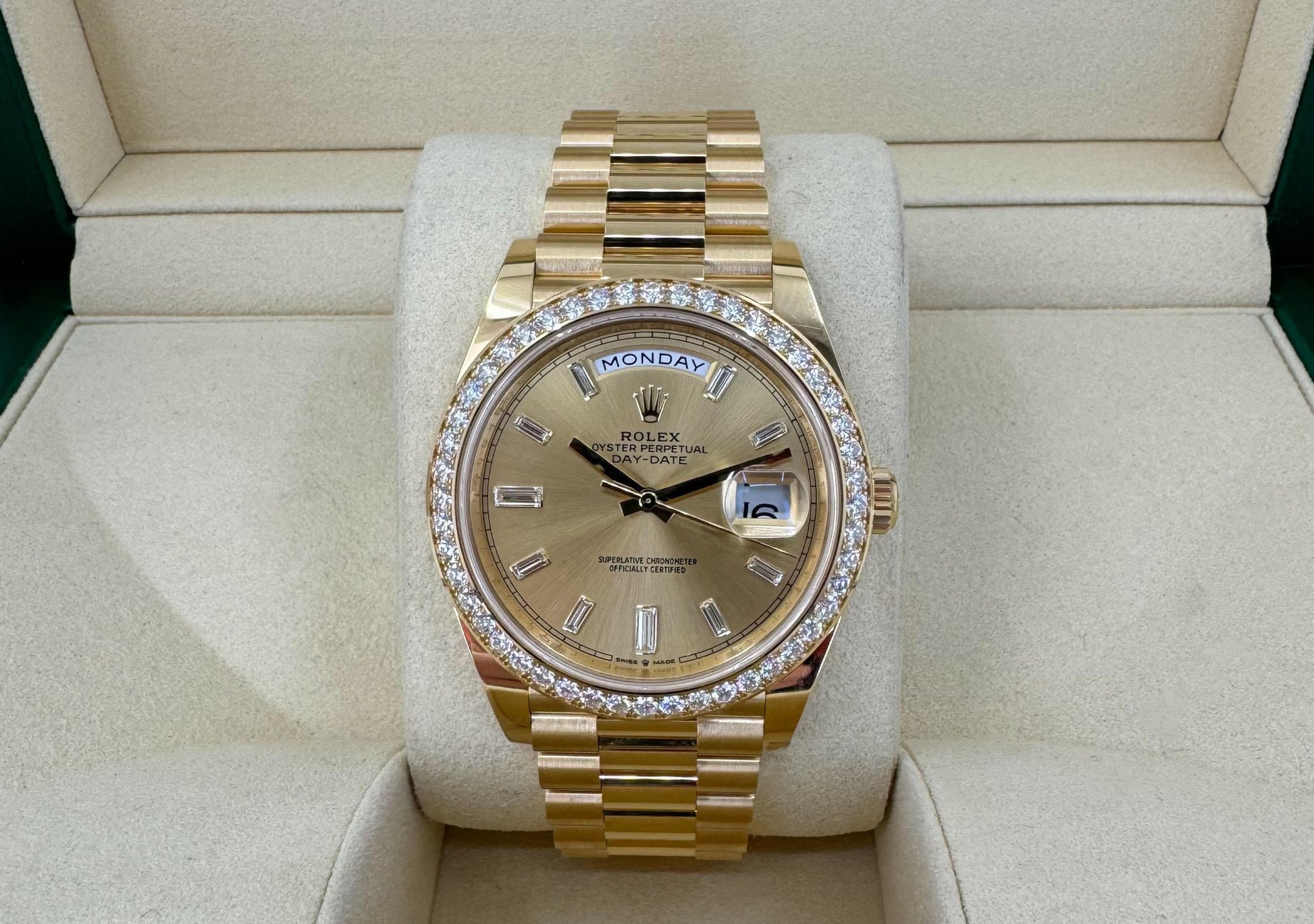 Rolex Day-Date 40 Yellow Gold Champagne Diamond Dial & Diamond Bezel President Bracelet 228348RBR - Luxury Time NYC