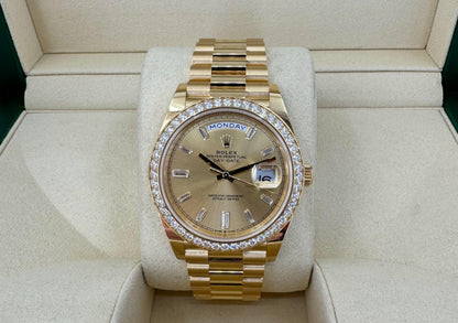 Rolex Day-Date 40 Yellow Gold Champagne Diamond Dial & Diamond Bezel President Bracelet 228348RBR - Luxury Time NYC