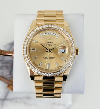 Rolex Day-Date 40 Yellow Gold Champagne Diamond Dial & Diamond Bezel President Bracelet 228348RBR - Luxury Time NYC