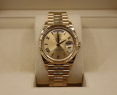 Rolex Day-Date 40 Yellow Gold Champagne Roman Dial & Fluted Bezel President Bracelet 228238 - Luxury Time NYC INC