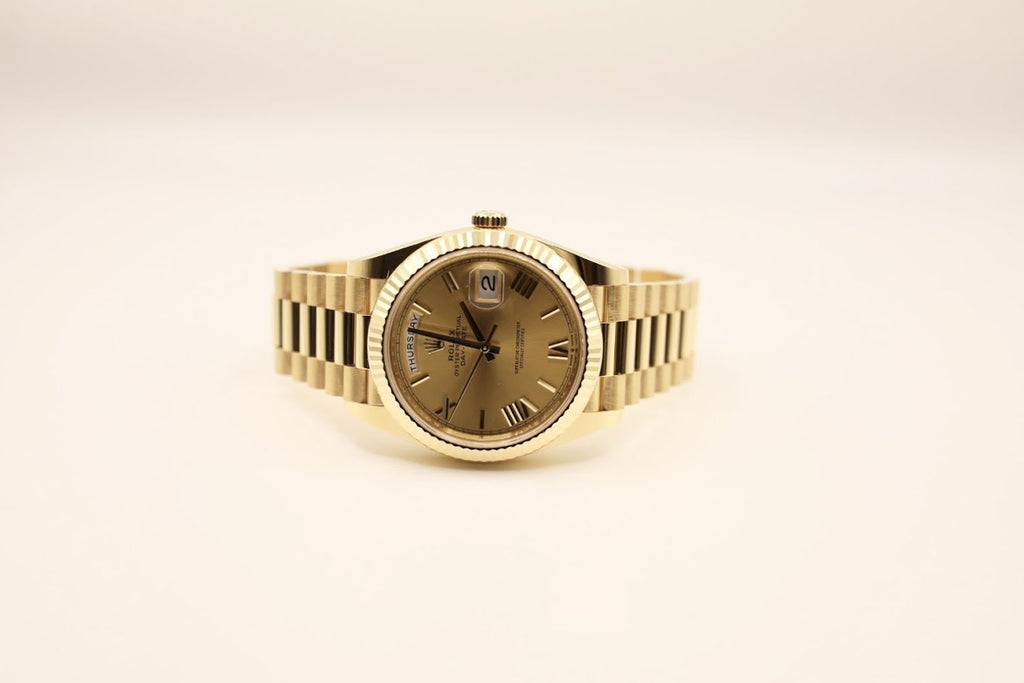 Rolex Day-Date 40 Yellow Gold Champagne Roman Dial & Fluted Bezel President Bracelet 228238 - Luxury Time NYC INC