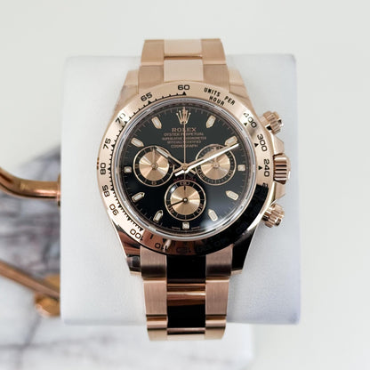 Rolex Daytona 116505 Black Index Pink Subdials Rose Gold Oyster Chronograph - Luxury Time NYC