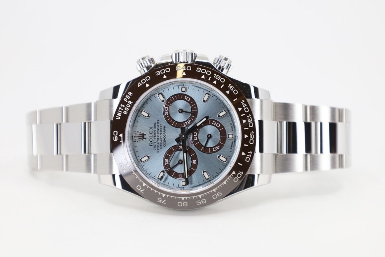 Rolex Daytona Platinum Ice Blue Index Dial Chestnut Brown Ceramic Bezel Oyster Bracelet 116506 - Luxury Time NYC INC