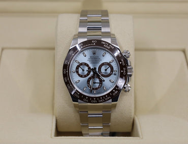 Rolex Daytona Platinum Ice Blue Index Dial Chestnut Brown Ceramic Bezel Oyster Bracelet 116506 - Luxury Time NYC INC