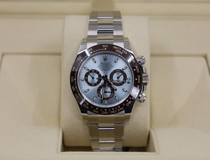 Rolex Daytona Platinum Ice Blue Index Dial Chestnut Brown Ceramic Bezel Oyster Bracelet 116506 - Luxury Time NYC INC