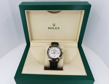 Rolex Daytona Yellow Gold White Index Dial Ceramic Bezel Oysterflex Rubber Bracelet 116518LN - Luxury Time NYC