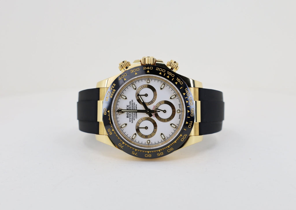 Rolex Daytona Yellow Gold White Index Dial Ceramic Bezel Oysterflex Rubber Bracelet 116518LN - Luxury Time NYC