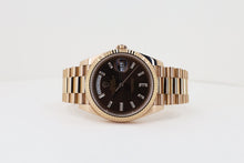 Load image into Gallery viewer, Rolex Everose Gold Day-Date 40 Watch - Fluted Bezel - Chocolate Baguette Diamond Dial - President Bracelet - 228235 chbdp - Luxury Time NYC