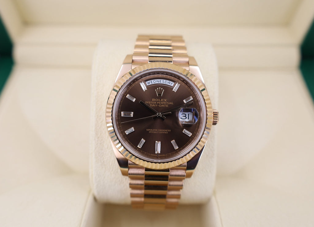 Rolex Everose Gold Day-Date 40 Watch - Fluted Bezel - Chocolate Baguette Diamond Dial - President Bracelet - 228235 chbdp - Luxury Time NYC