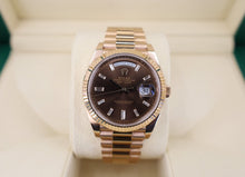 Load image into Gallery viewer, Rolex Everose Gold Day-Date 40 Watch - Fluted Bezel - Chocolate Baguette Diamond Dial - President Bracelet - 228235 chbdp - Luxury Time NYC