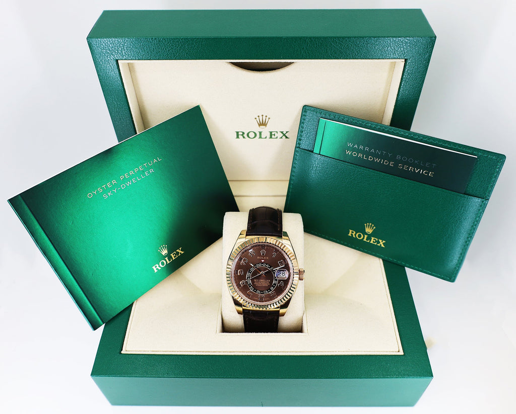 Rolex Everose Gold Sky-Dweller Watch - Chocolate Sunray Arabic Dial - Brown Leather Strap - 326135 cho - Luxury Time NYC