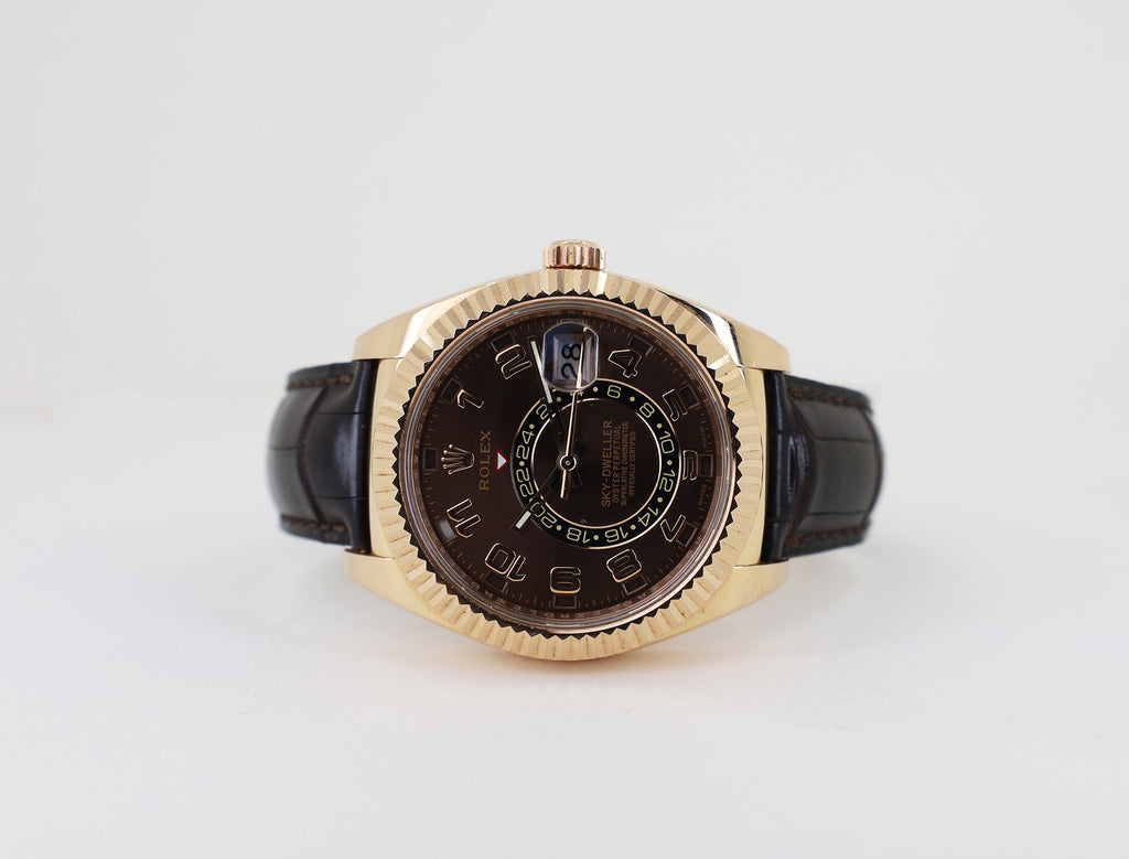 Rolex Everose Gold Sky-Dweller Watch - Chocolate Sunray Arabic Dial - Brown Leather Strap - 326135 cho - Luxury Time NYC