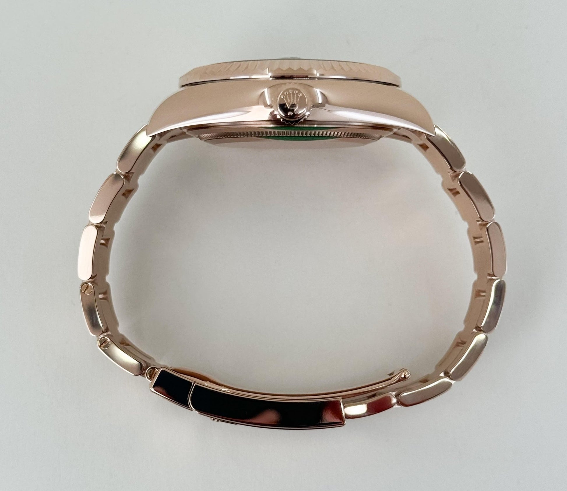 Rolex Everose Gold Sky-Dweller Watch - Fluted Ring Command Bezel - Blue-Green Index Dial - Oyster Bracelet - Luxury Time NYC