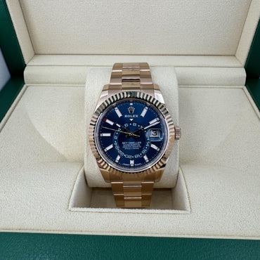 Rolex Everose Gold Sky-Dweller Watch - Fluted Ring Command Bezel - Blue-Green Index Dial - Oyster Bracelet - Luxury Time NYC