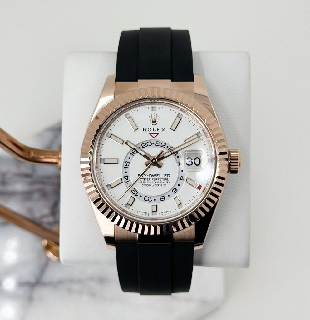 Rolex Everose Gold Sky-Dweller Watch - White Index Dial - Oysterflex Bracelet - 2020 Release - 326235 wi - Luxury Time NYC