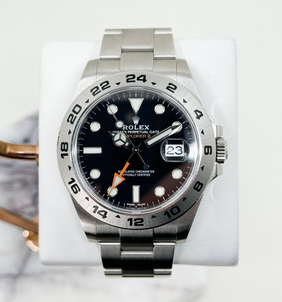 Rolex Explorer II "Steve McQueen" GMT Stainless Steel Black Dial 42mm Oyster Bracelet 216570 - Luxury Time NYC